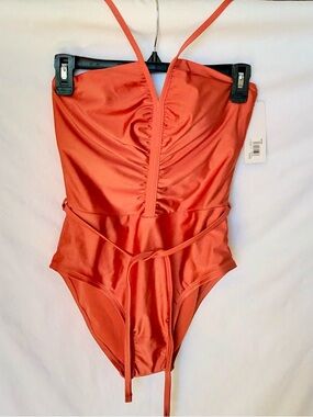 Ruched Rust Orange One-Piece Swimsuit with Removable Waist Tie